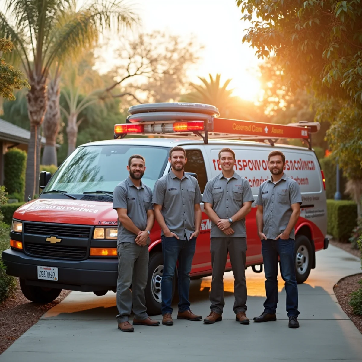 Water Damage Lake Forest team standing with a branded response van outside a South OC home
