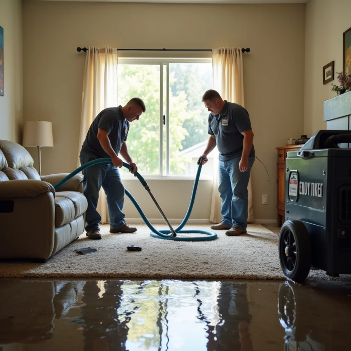 Water damage restoration technicians working in a flooded Lake Forest, CA home